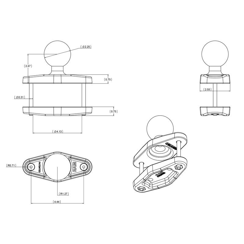 RAM-D-247U-4-IN1 RAM Steel Reinforced Square Clamp Base