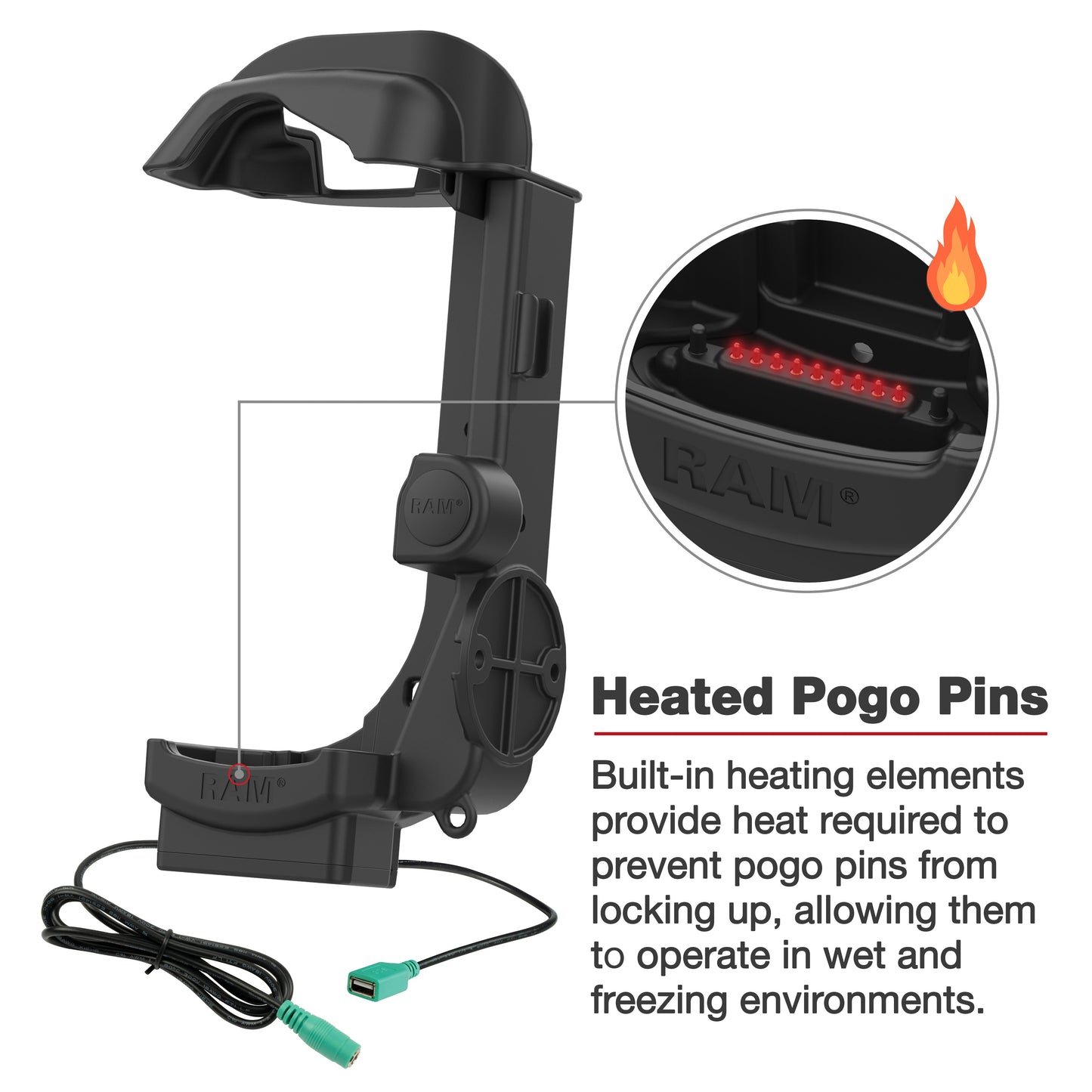 RAM® Powered Dock + Single USB-A for Zebra MC9400 & MC9300 - Heated Pins